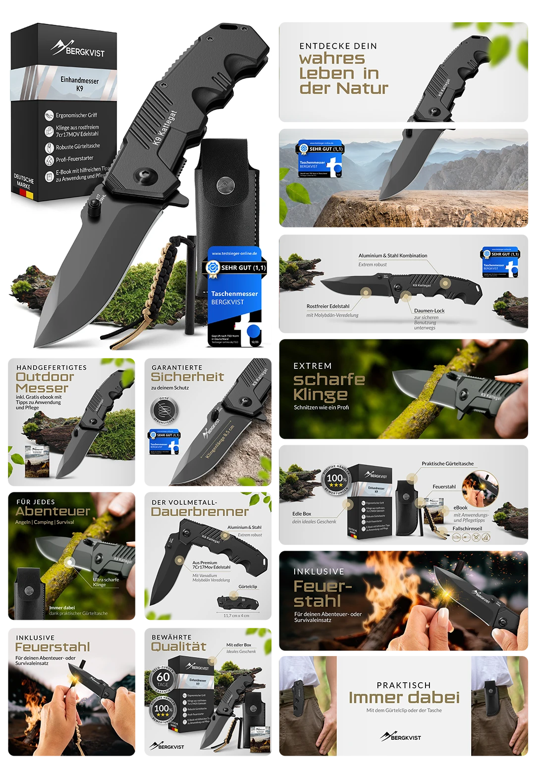 Bergkvist K9 Einhandmesser – robustes Outdoor Taschenmesser aus rostfreiem Edelstahl mit extrem scharfer Klinge, Gürtelclip, Feuerstahl und praktischer Tasche, ideal für Camping, Survival und Abenteuer, präsentiert von Visual Conversion.