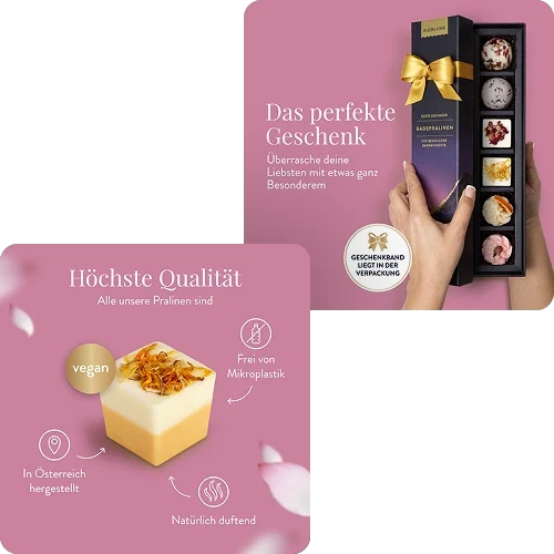 Verkaufsstarke Amazon-Produktbilder für Schokoladenpralinen – emotionale Grafikgestaltung mit Text und visuellen Elementen für mehr Conversion.
