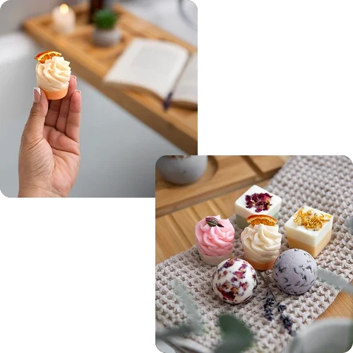 Authentische Produktbilder in Anwendung – Hand hält handgemachte Praline, umgeben von weiteren Schokoladenpralinen auf Holztisch, fotografiert für Amazon und E-Commerce.