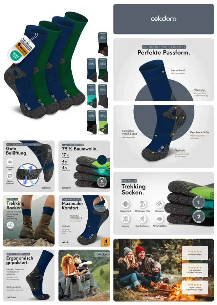 Infografik für Trekking-Socken, die Materialzusammensetzung, spezielle Polsterungen und Lifestyle-Bilder von Wanderern zeigt. infografik-design-produktfotografie-lifestyle-aufnahme-amazon-agentur-visual-conversion-referenzen