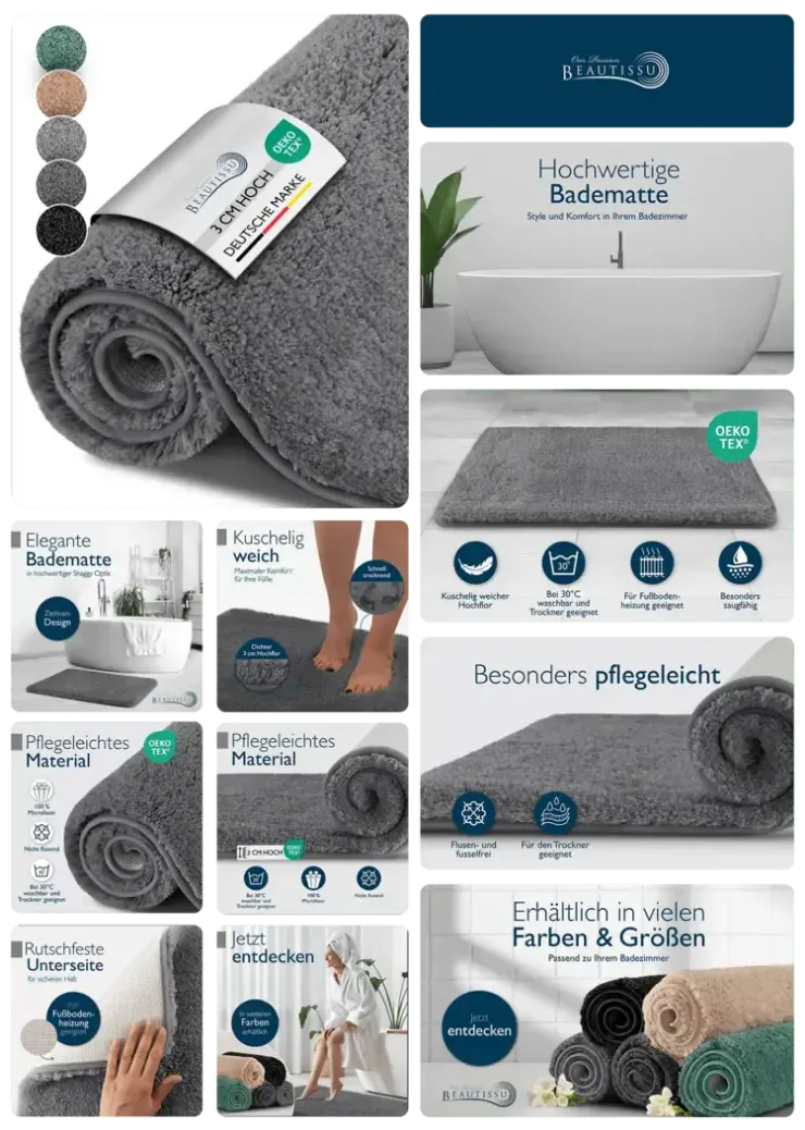 Produkt-Infografik für eine weiche Badematte, die die rutschfeste Unterseite, Materialqualität und verfügbare Farbvarianten hervorhebt. infografik-design-produktfotografie-lifestyle-aufnahme-amazon-agentur-visual-conversion-referenzen