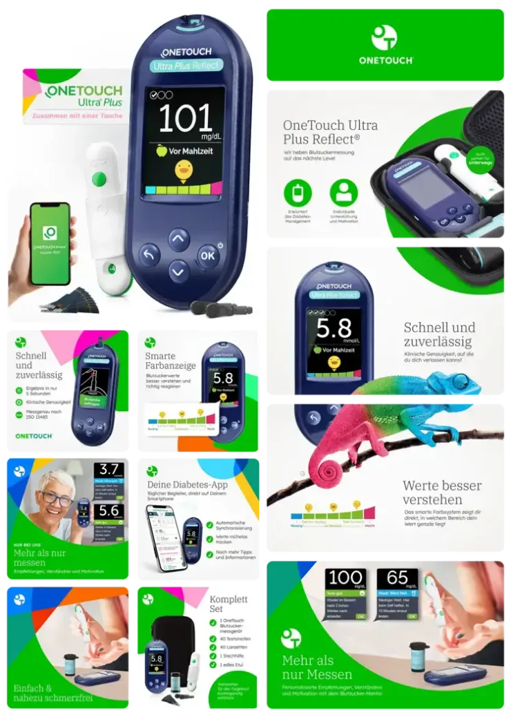 Infografik für ein Blutzuckermessgerät, die das smarte Farbbereich-Display, die zugehörige App und das Komplettset demonstriert. infografik-design-produktfotografie-lifestyle-aufnahme-amazon-agentur-visual-conversion-referenzen