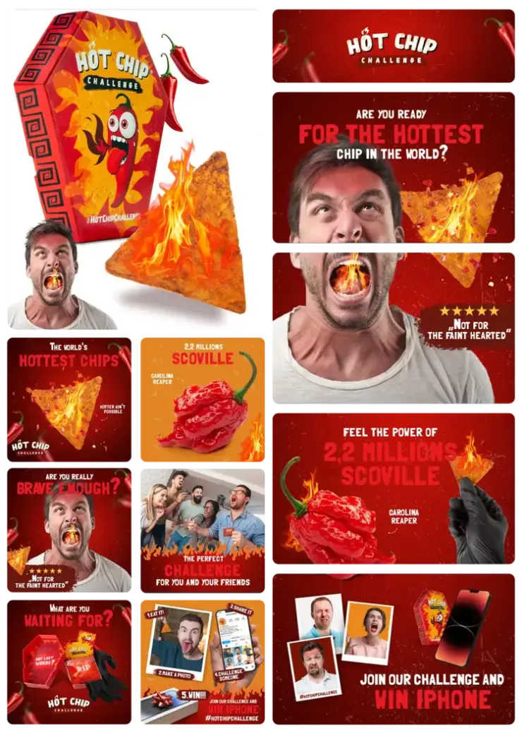 Marketing-Infografik für die "Hot Chip Challenge", die die Verpackung, den extrem scharfen Chip und die Reaktionen von Personen zeigt. infografik-design-marketing-produktfotografie-lifestyle-aufnahme-amazon-agentur-visual-conversion