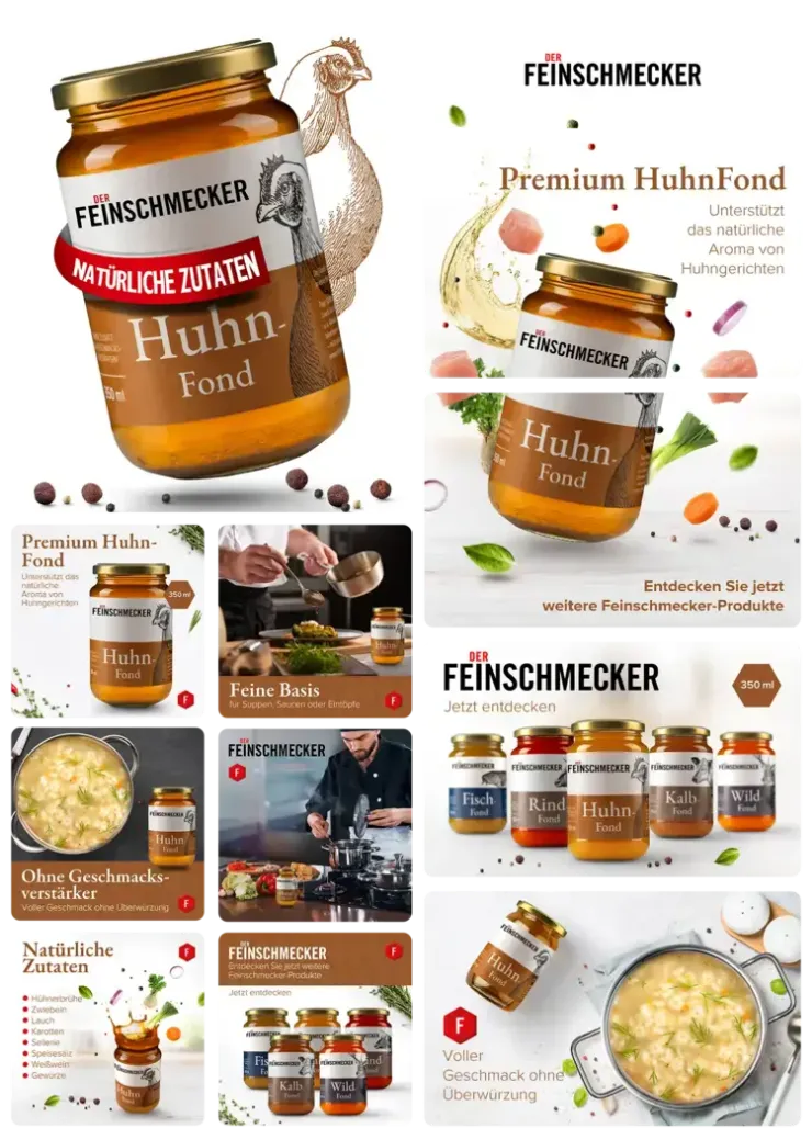 Infografik für einen Premium Hühner-Fond, die natürliche Zutaten hervorhebt und seine Verwendung als Kochbasis zeigt. infografik-design-food-fotografie-produktfotografie-amazon-agentur-visual-conversion-referenzen