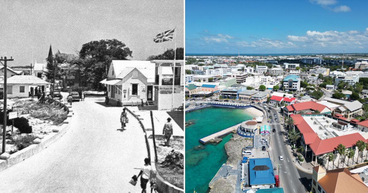 Cayman Islands Financial Services sector in the 1960s vs 2025. These photos show George Town, Cayman Islands with one paved road vs in 2025 with a bright, colourful centre.