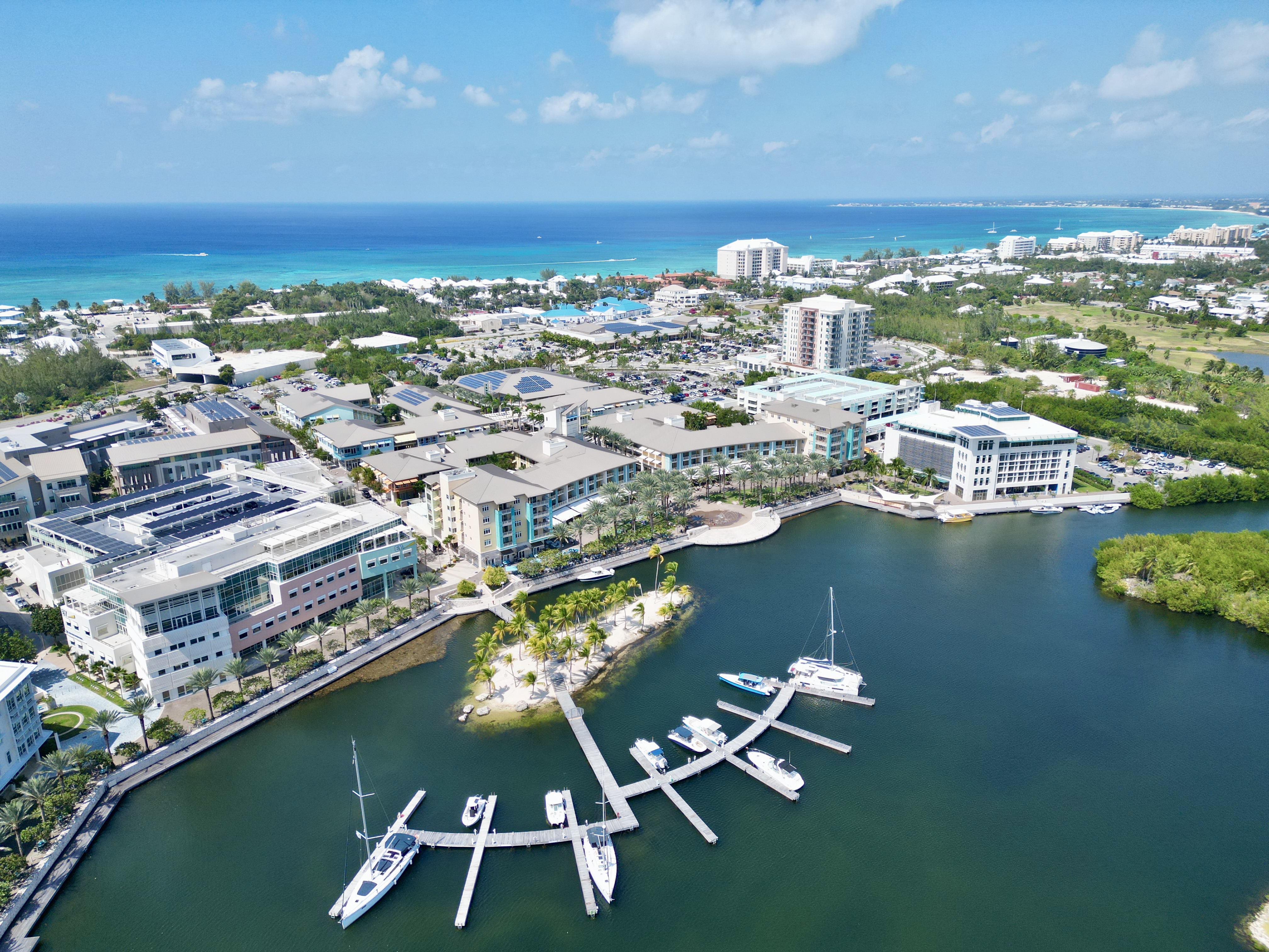 Drone image of Camana Bay, the second largest central business district in the Cayman Islands