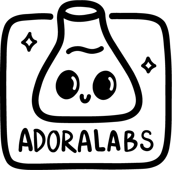 Bordered Adoralabs logo featuring the Adoralabs mascot, a lab flask, with the name "Adoralabs" underneath.