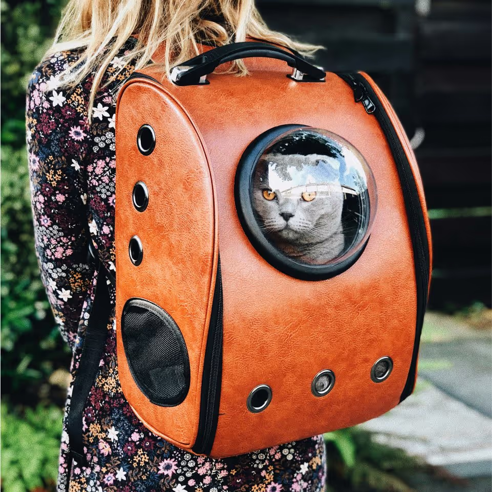 A woman wearing a colorful space cat backpack