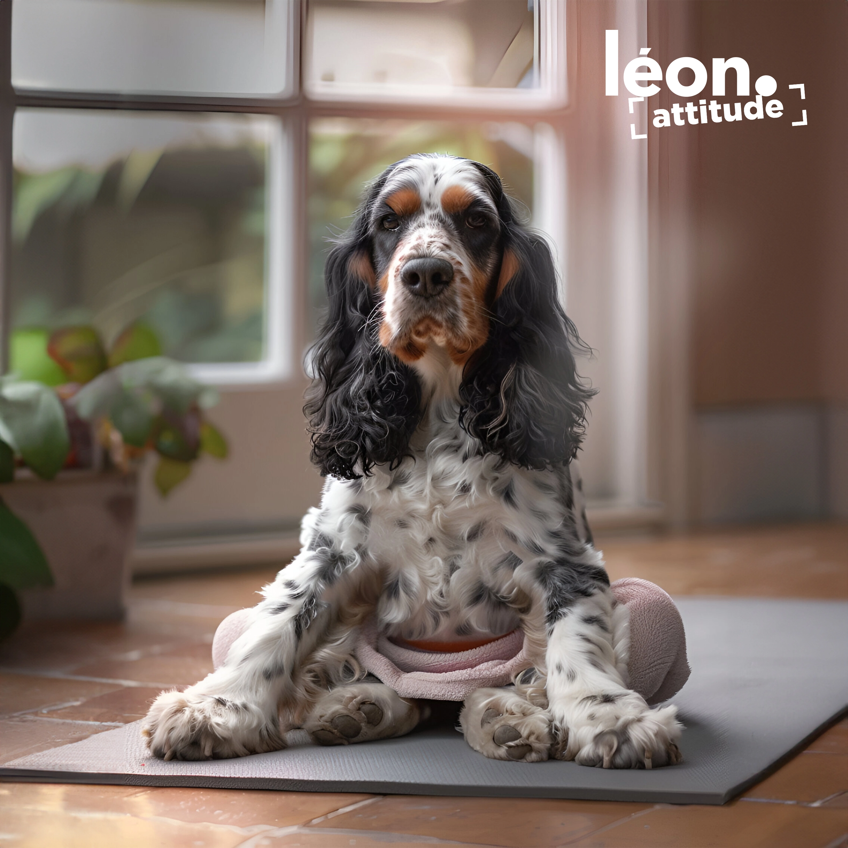 Un cocker noir et blanc assis sur un tapis de yoga à l'intérieur, arborant une expression calme.