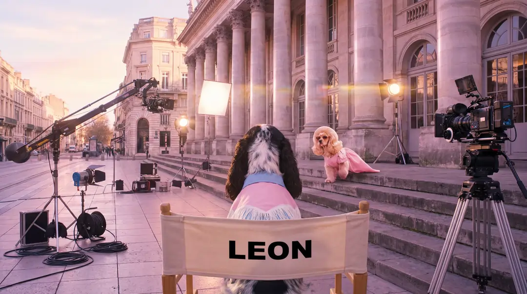 Léon en position de réalisateur devant le grand théâtre de Bordeaux