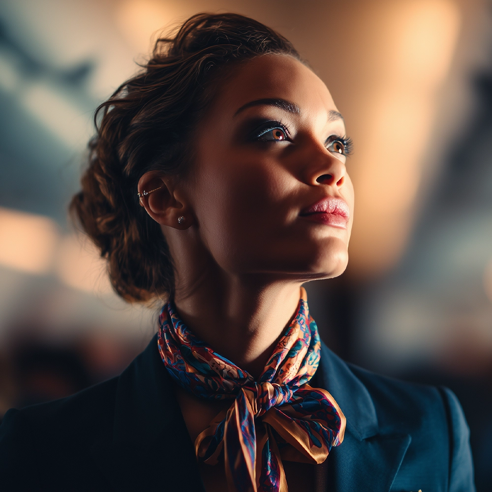 Hôtesse de l'air en uniforme, film hybride IA réalisé par l'agence de publicité EXI.
