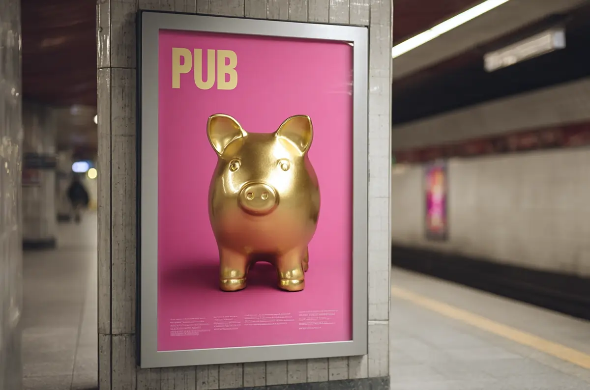 Afiche dans le métro, le train ou une gare contenant un tirelire dorée et le mot pub