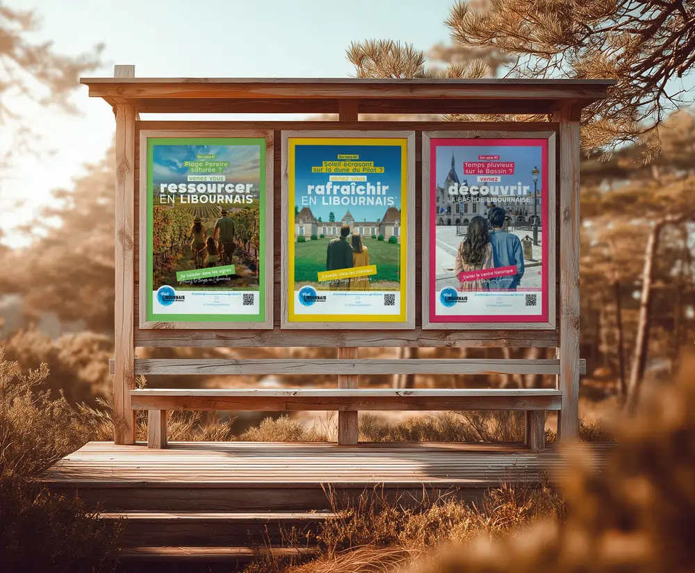 Triptyque d'affiches de campagne sur un panneau en bois, réalisation IA de l'agence EXI PUBLICITE.