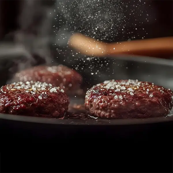 Steaks hachés grésillant dans une poêle, film food réalisé par l'agence de publicité EXI.