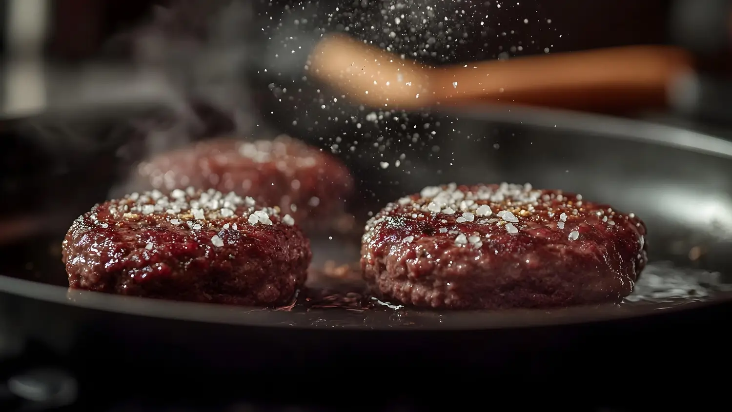 Steaks hachés grésillant dans une poêle, film food réalisé par l'agence de publicité EXI.