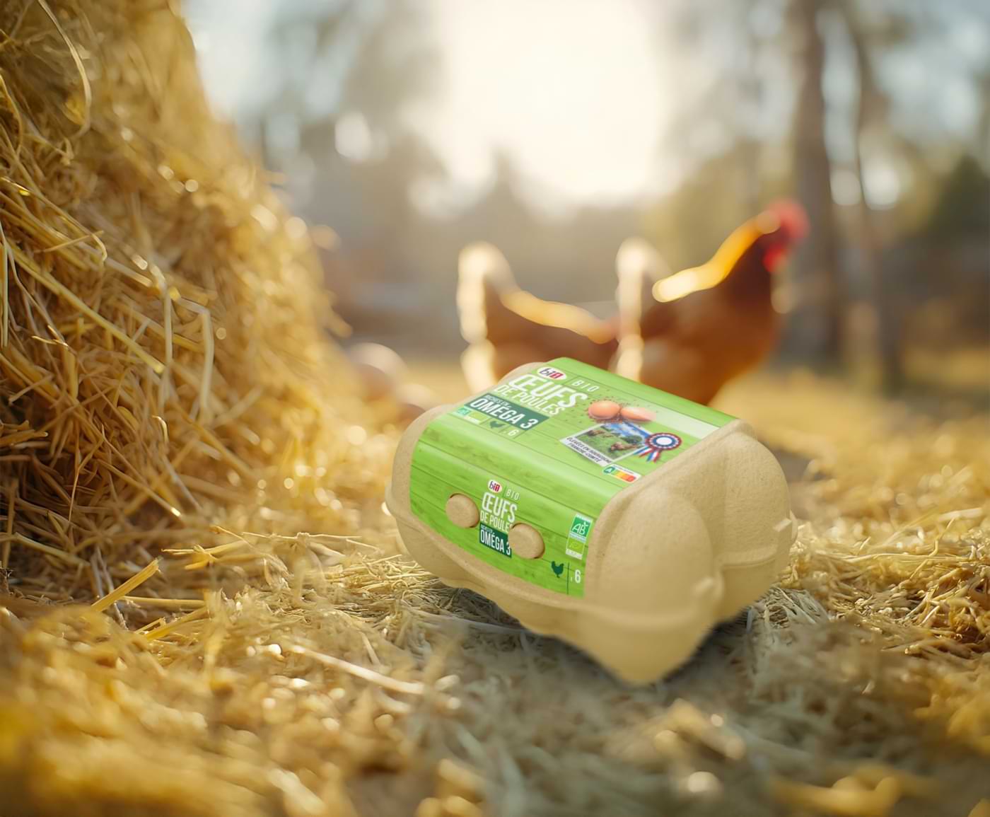 Boîte d'œufs sur la paille avec une poule en fond, création visuelle nature de l'agence EXI PUB.