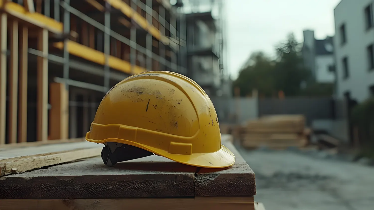 Casque de chantier jaune devant un immeuble en construction, cahier des charges réalisé par l'agence de communication EXI."