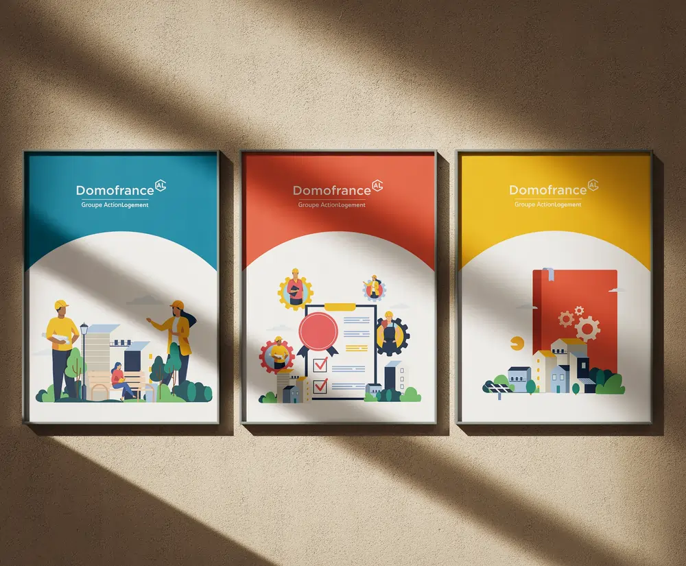 Trio d'affiches encadrées aux illustrations colorées, résultats livrés par l'agence de publicité EXI."