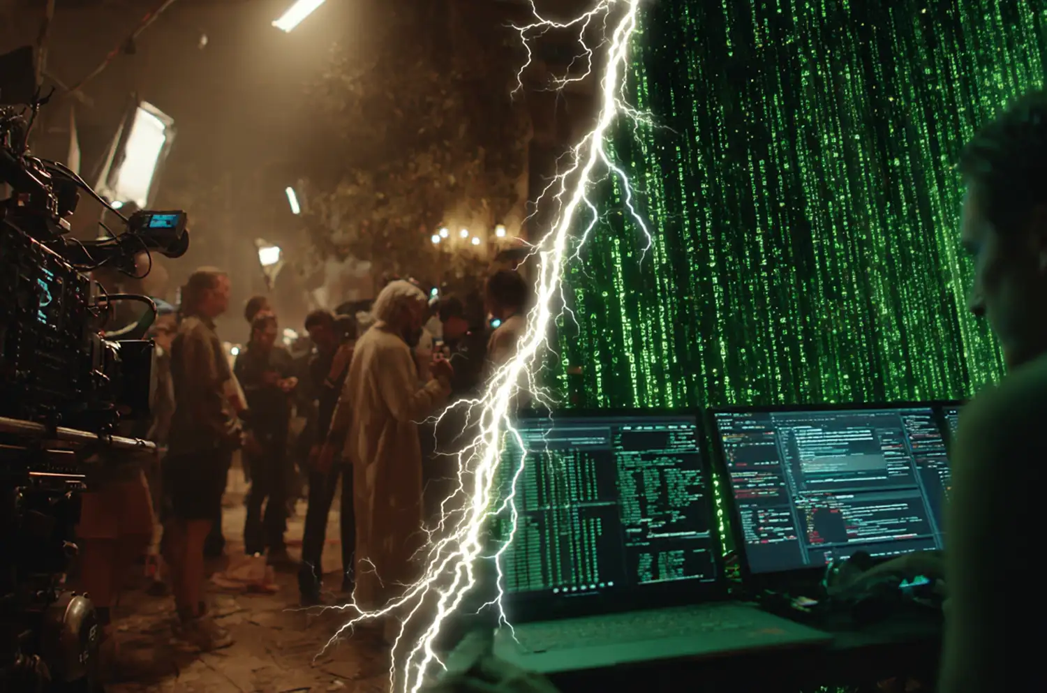 split entre 2 images un tournage classique et une production par ordinateur 