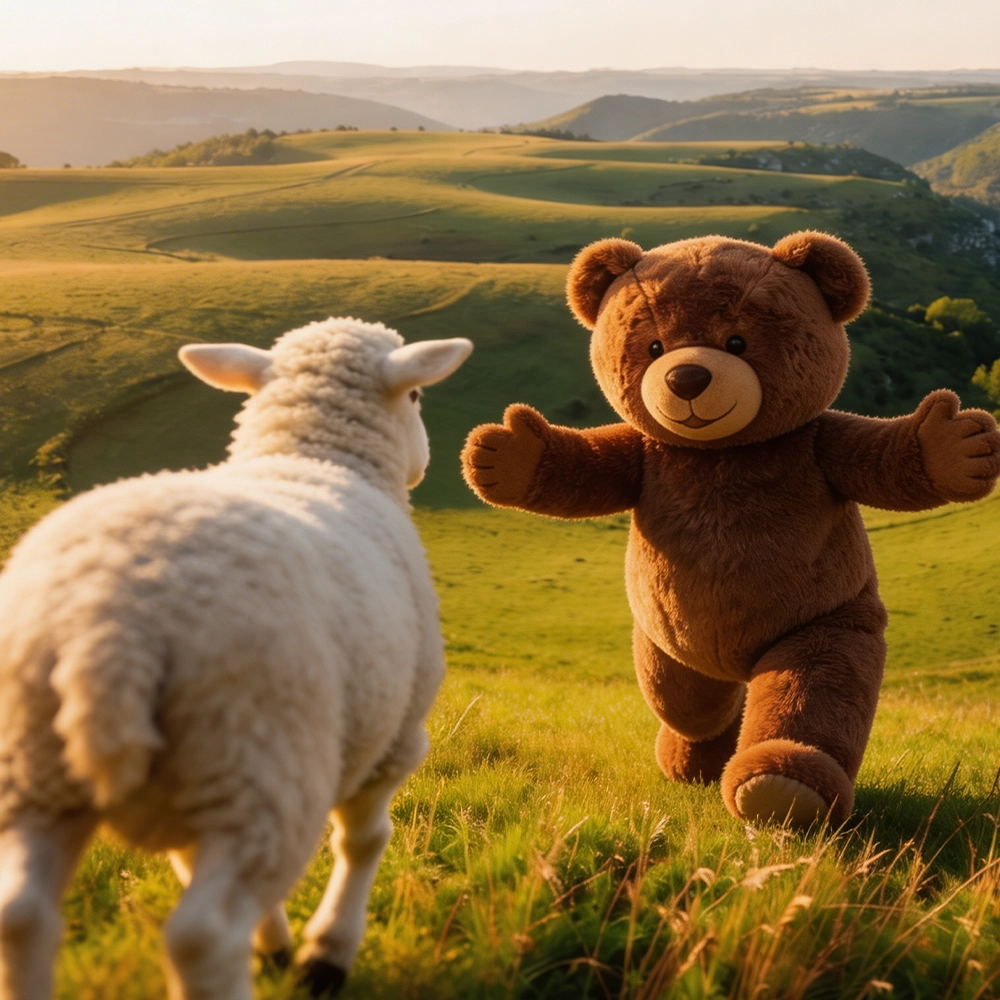 Rencontre improbable entre un mouton et un immense ours en peluche prêt pour un câlin au coucher du soleil, tirée de notre incroyable film hybride IA.