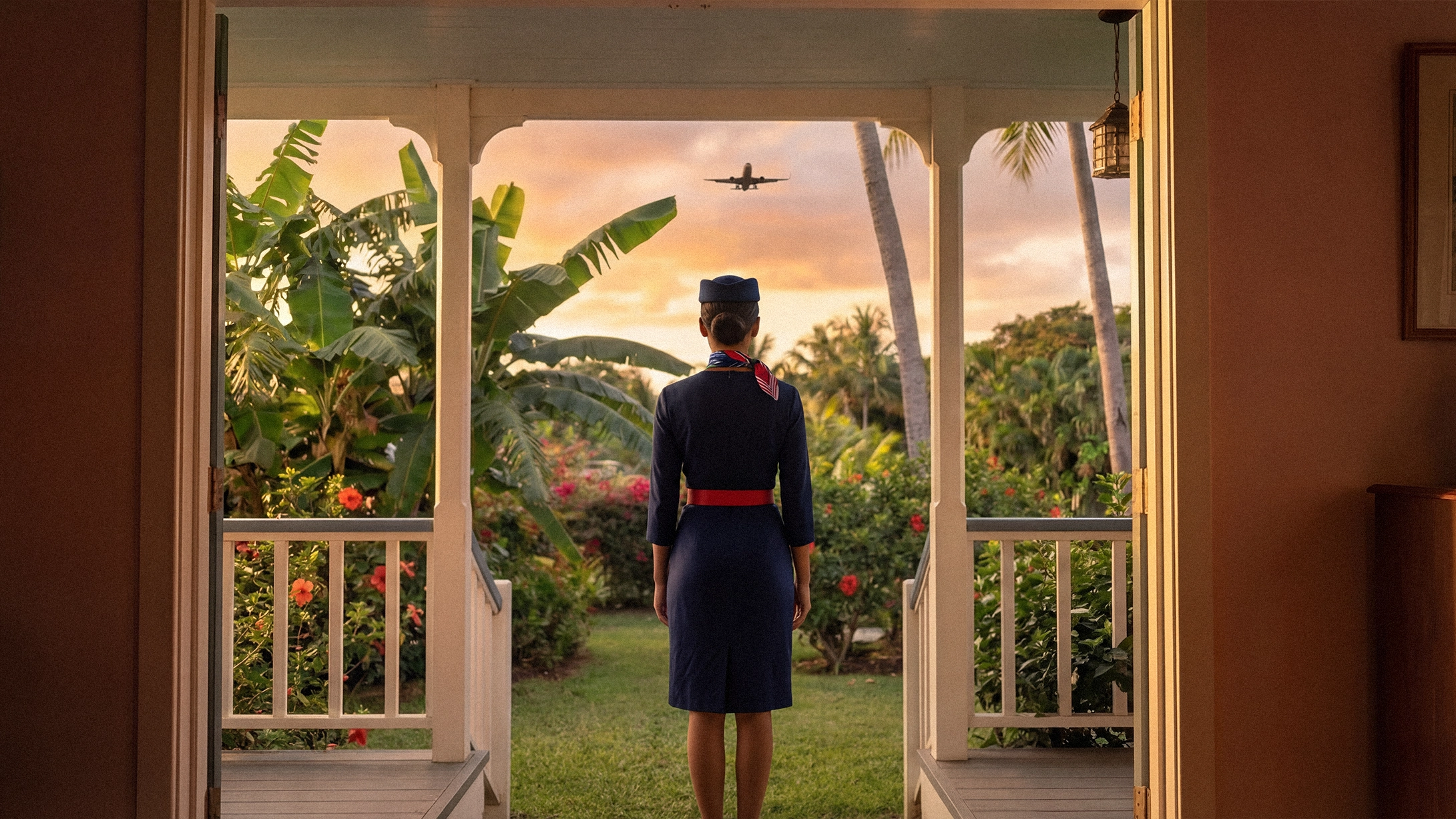 Hôtesse de l'air de dos observant un avion en vol depuis une terrasse tropicale, issue du film généré par IA pour AeroKonsult.
