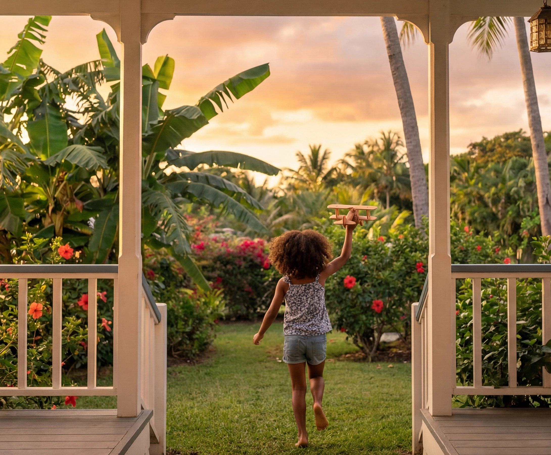 Enfant de dos courant dans un jardin tropical luxuriant vers un coucher de soleil, tenant un avion jouet en bois levé vers le ciel.