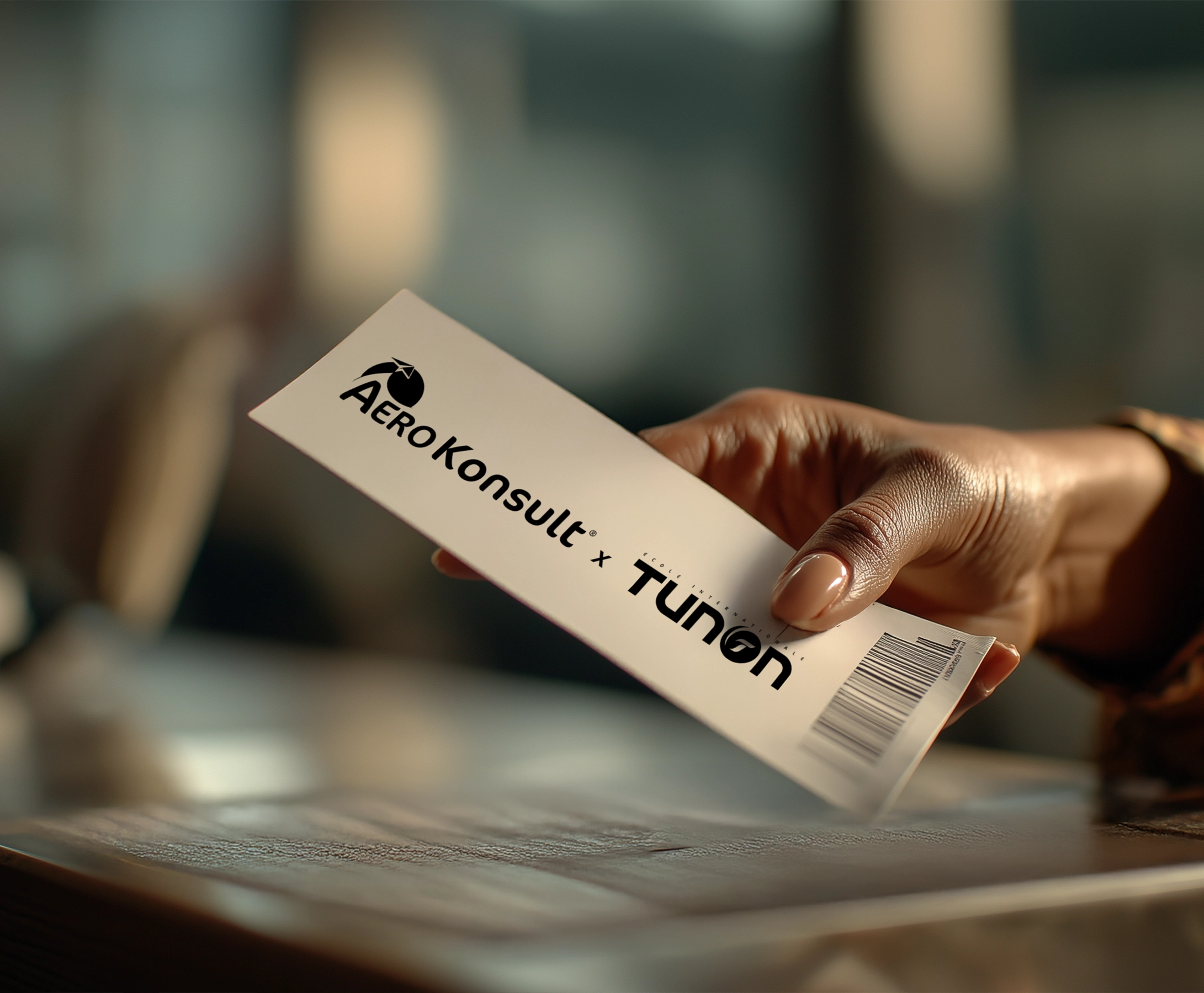 Gros plan sur une main tenant un billet de partenariat AeroKonsult x École Tunon avec barcode, symbolisant la réussite de la campagne de formation en aérien, luxe et tourisme dans les DROM.