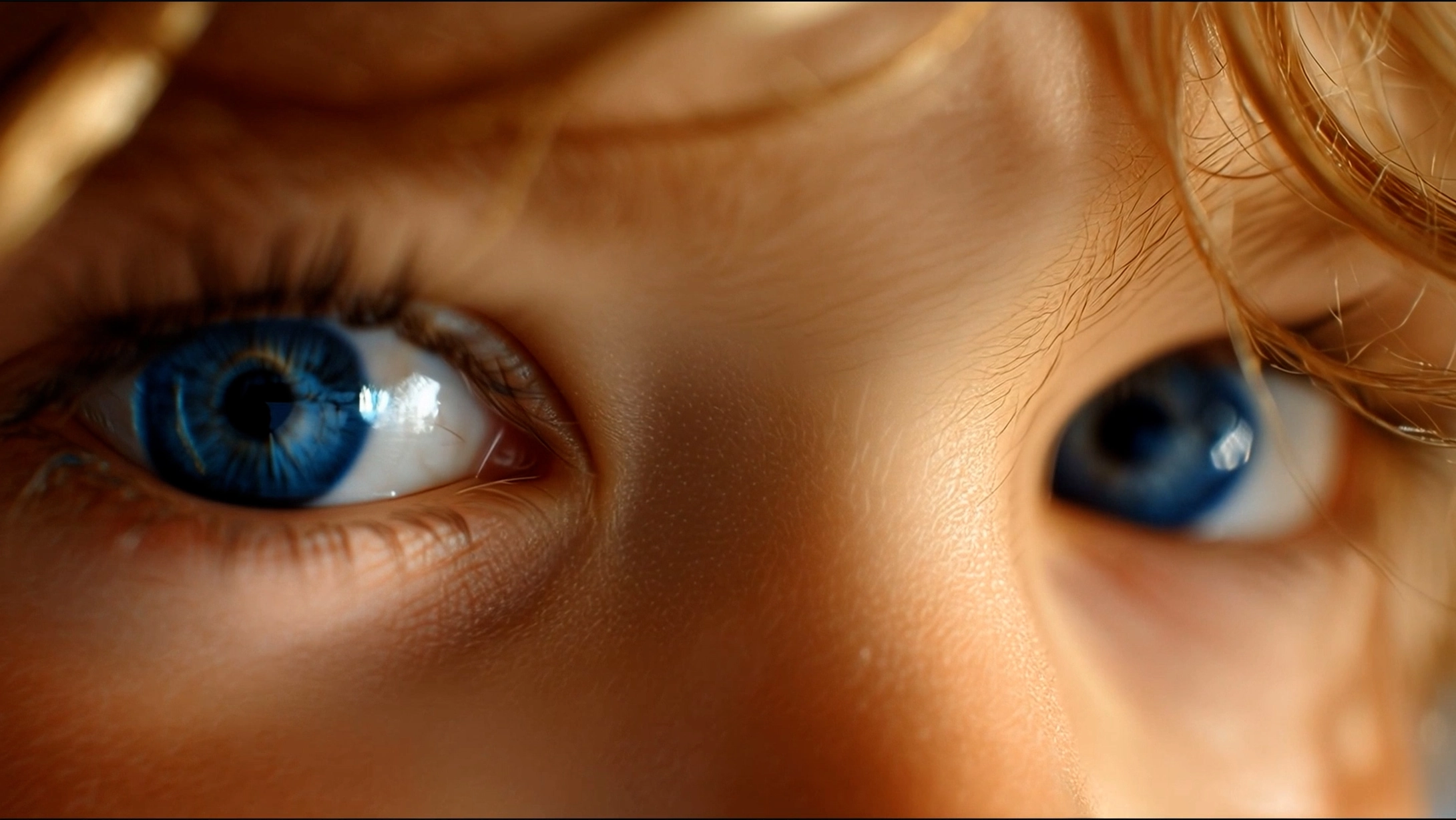 Gros plan sur un regard aux yeux bleus, visuel immersif issu de la production audiovisuelle générée par IA pour la campagne Ermitage.
