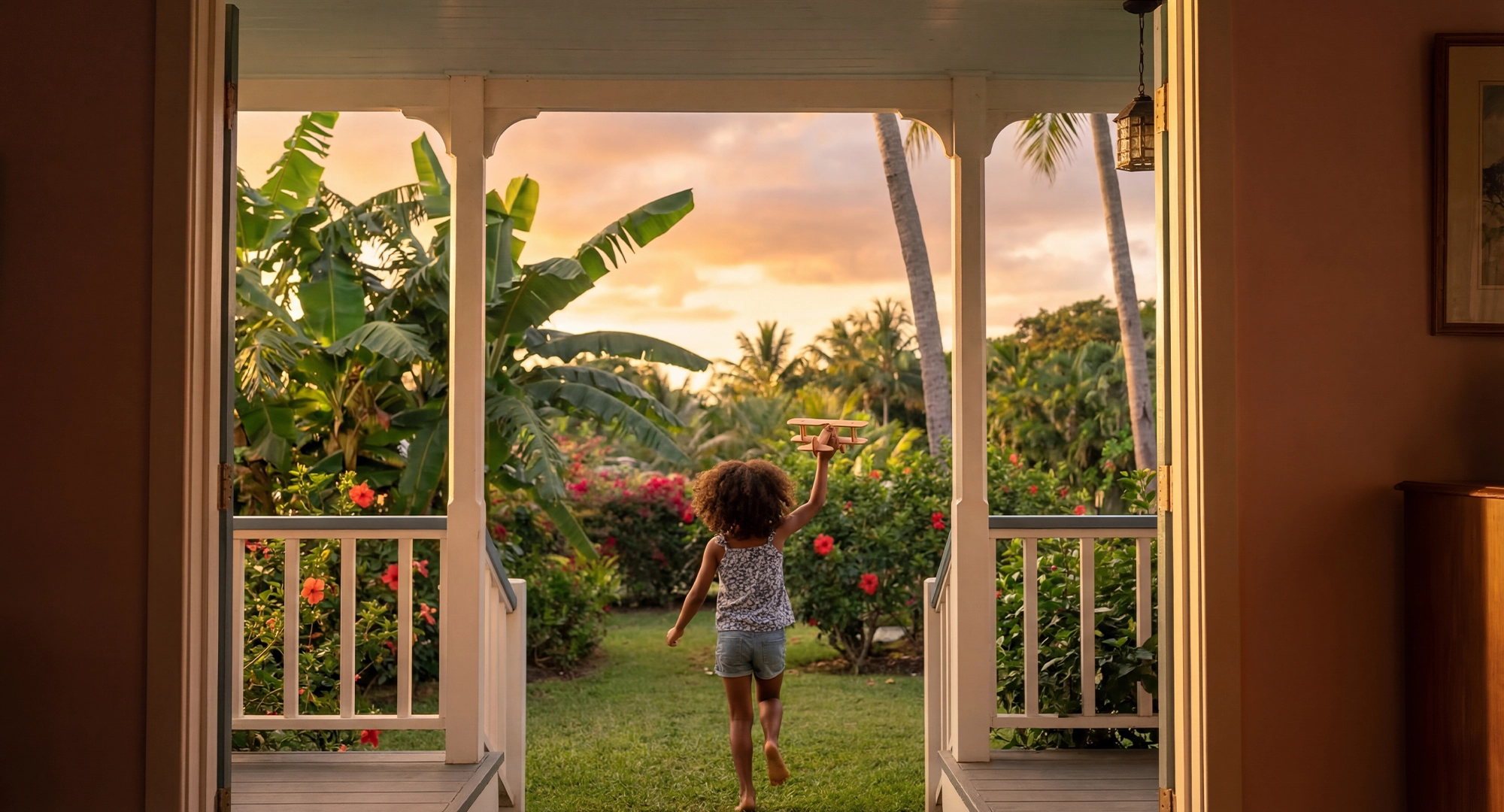 jeune fille courant dans un jardin en outre-mer