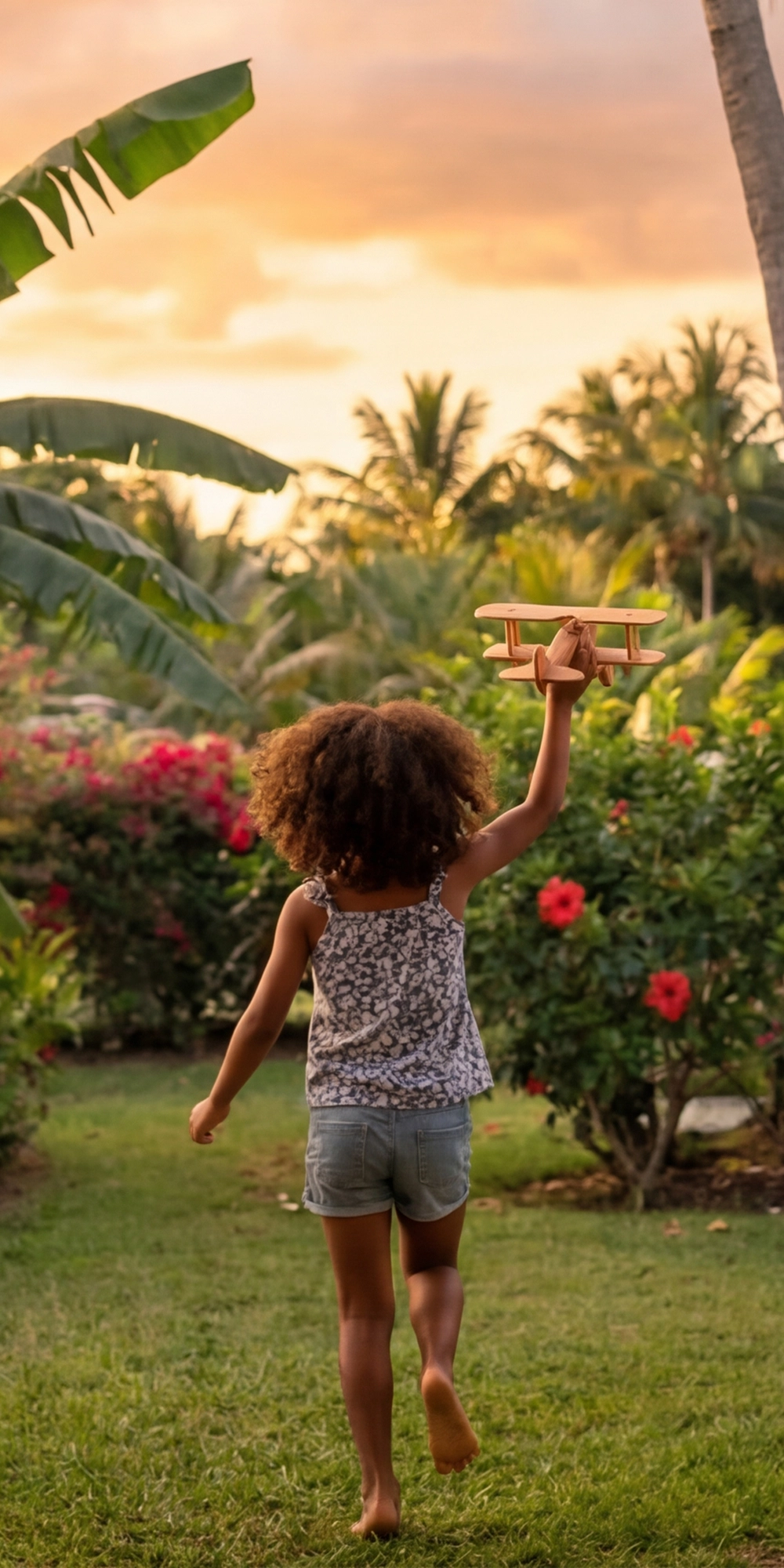 jeune fille courant dans un jardin en outre-mer