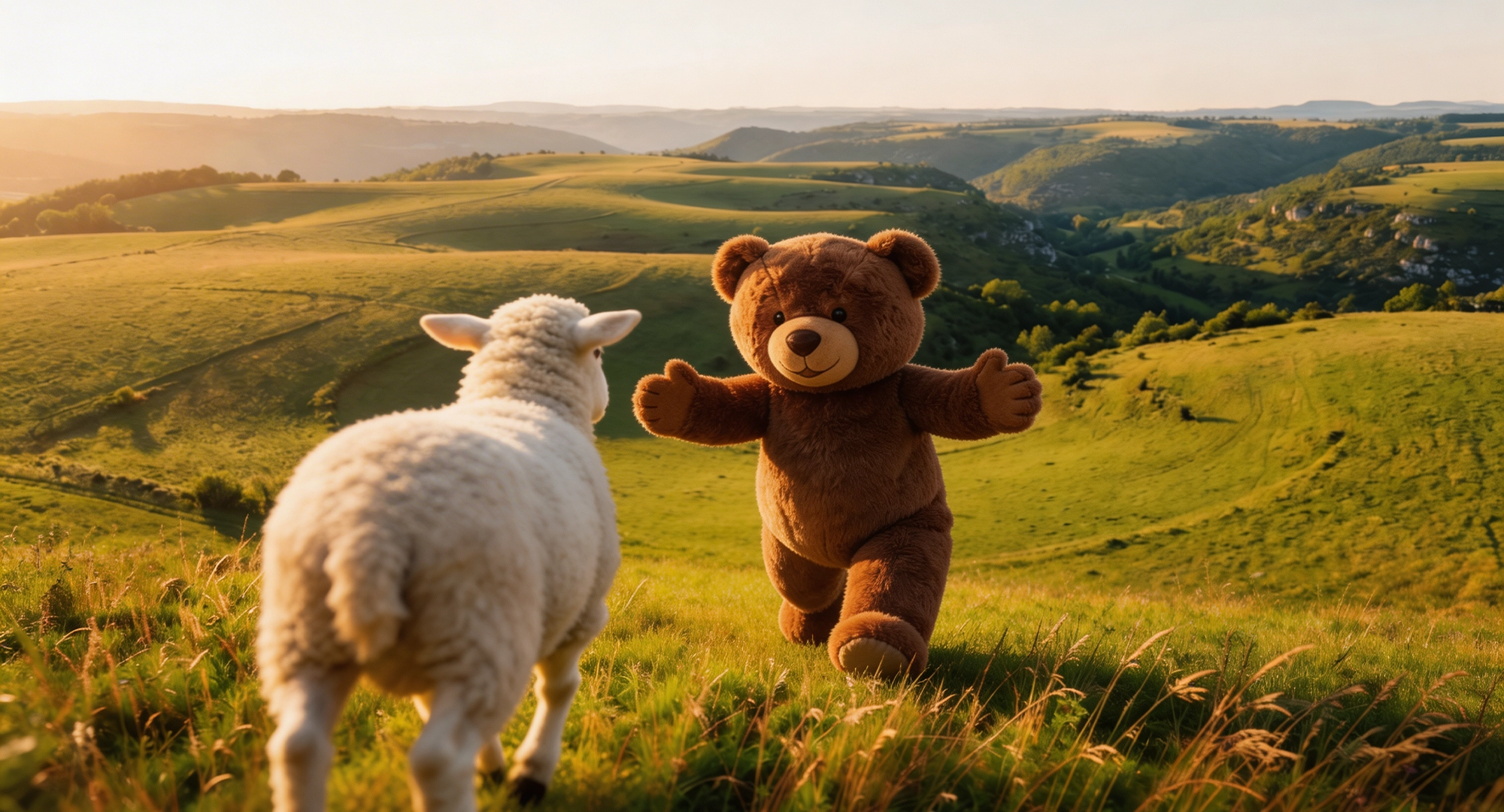 Un ours les bras grands ouverts court vers une brebis