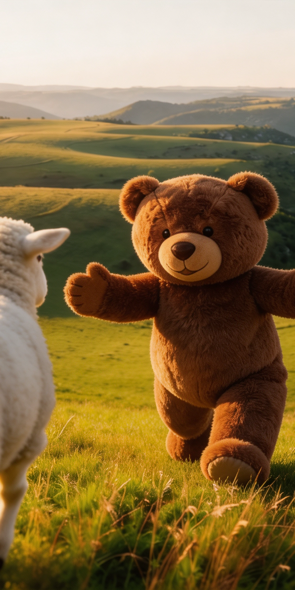 Un ours les bras grands ouverts court vers une brebis