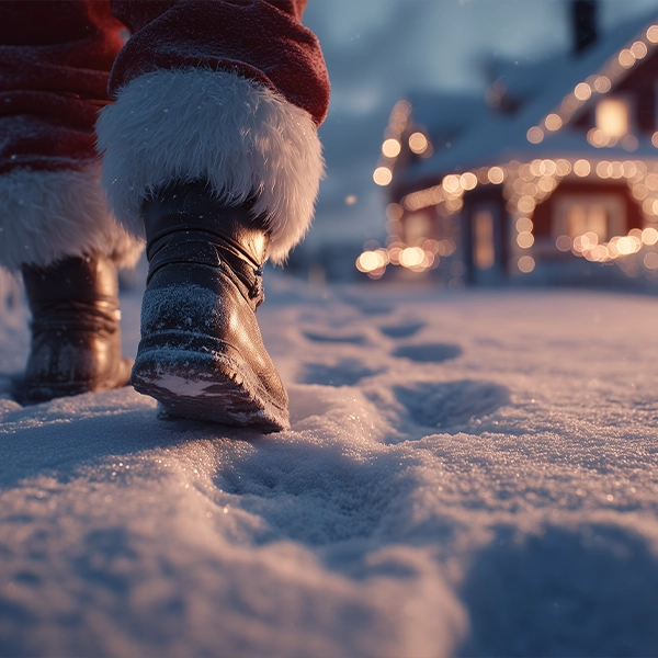 Père Noël marchant dans la neige en direction du maison