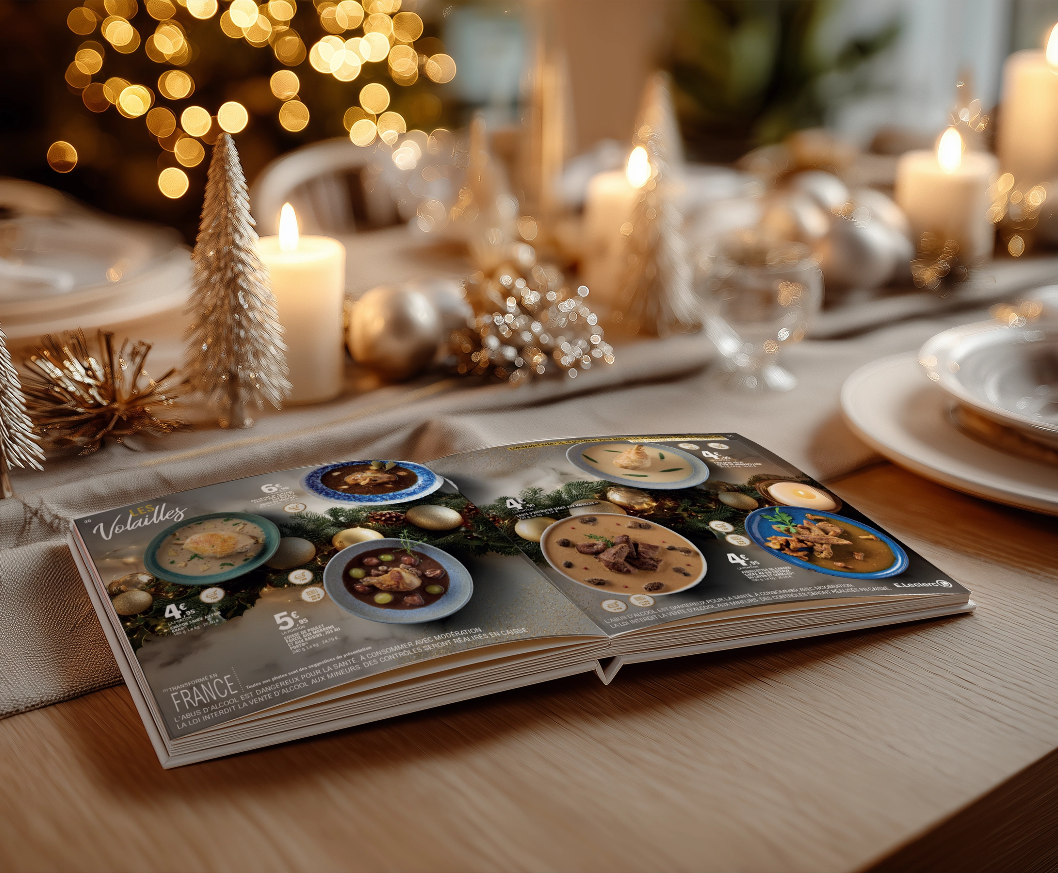 Double d'un caalogue E.LECLERC sur une table de fêtes