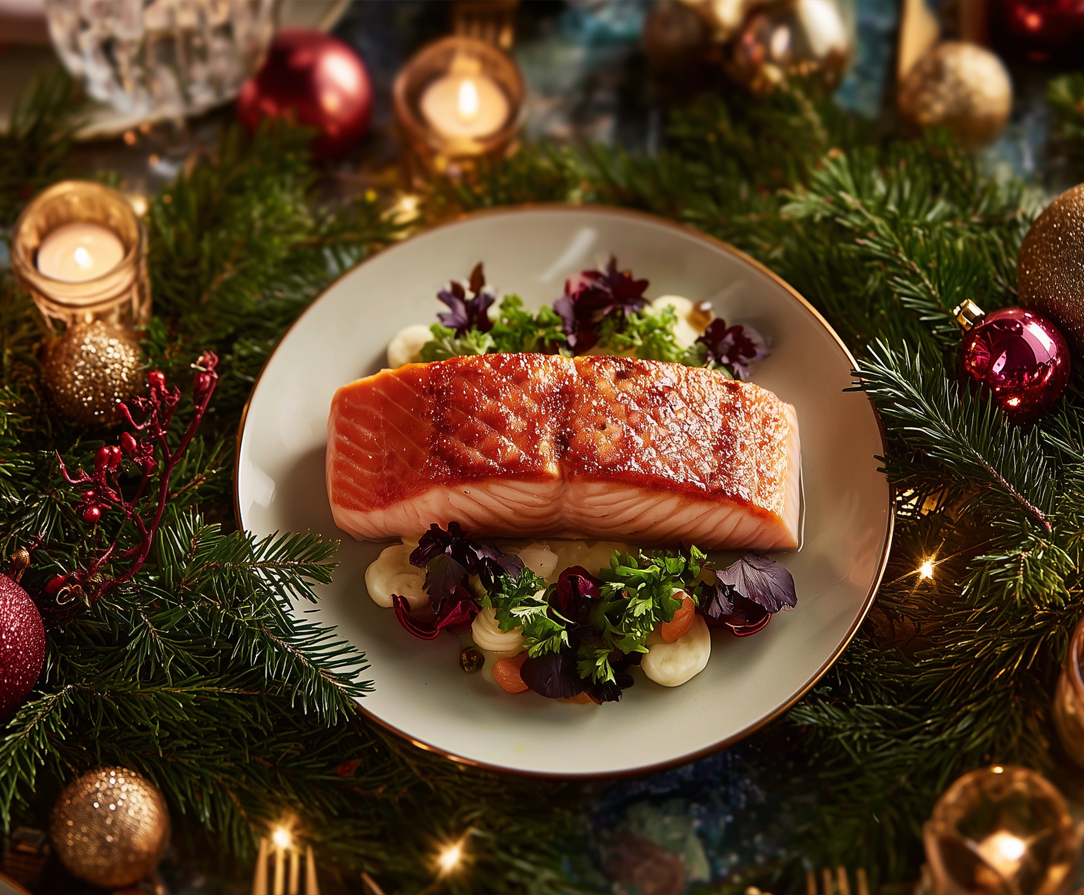 vu d'un pavé de saumon dans une assiette et sur une table de fêtes