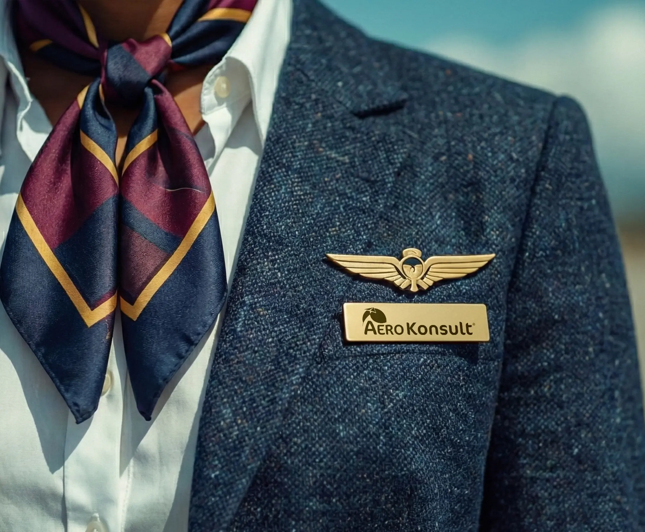 Gros plan sur un revers de veste professionnelle avec badge symbole de l'aviation 