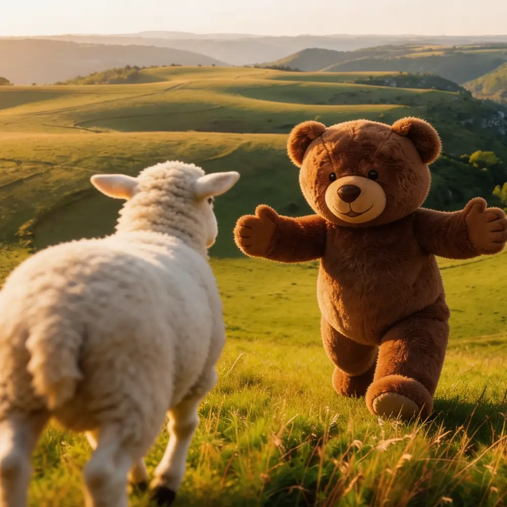 Un ours les bras grands ouverts court vers une brebis