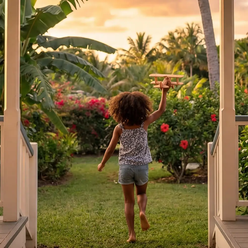 jeune fille courant dans un jardin en outre-mer