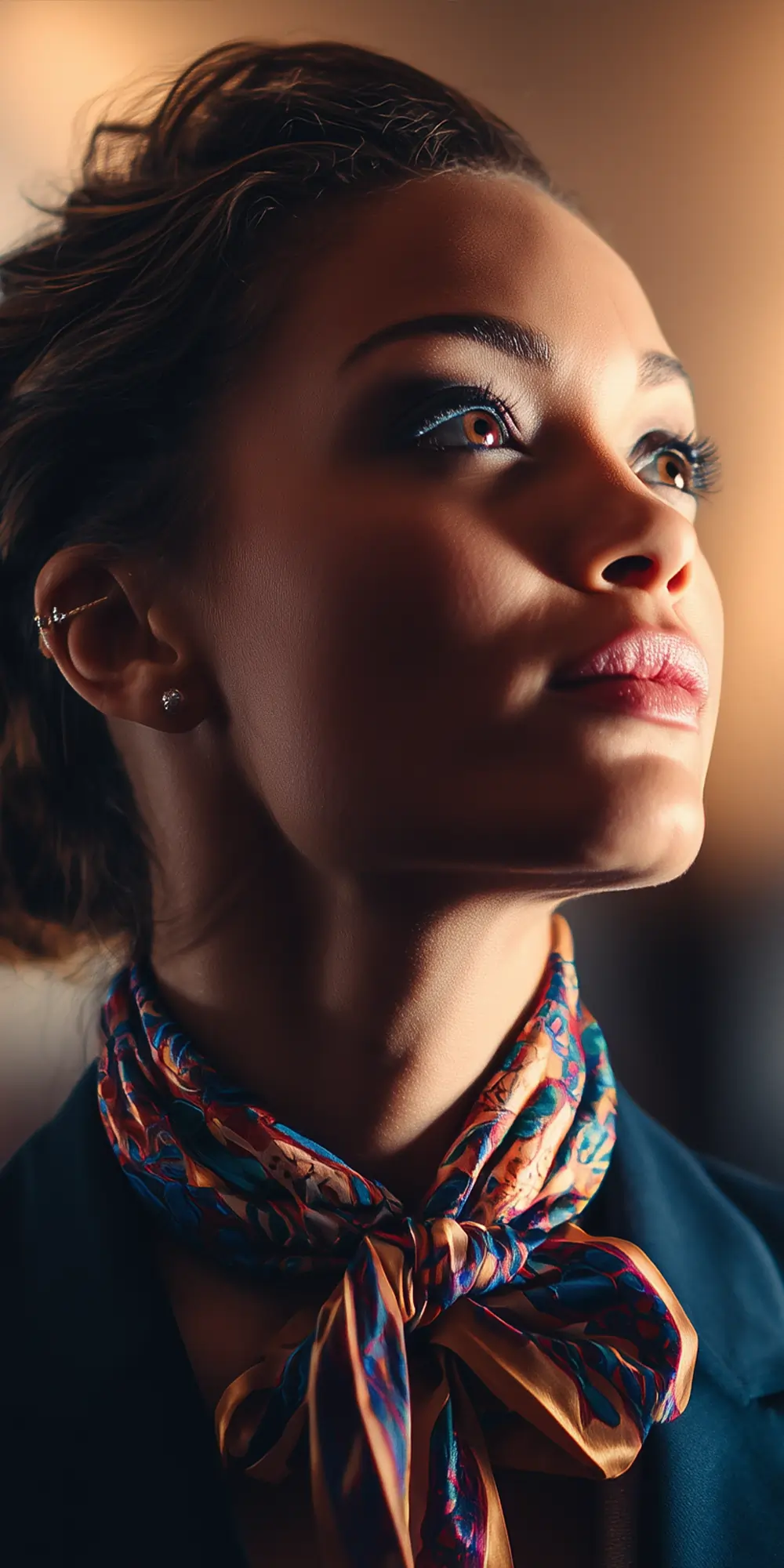 hôtesse de l'air avec le regard vers l'avenir
