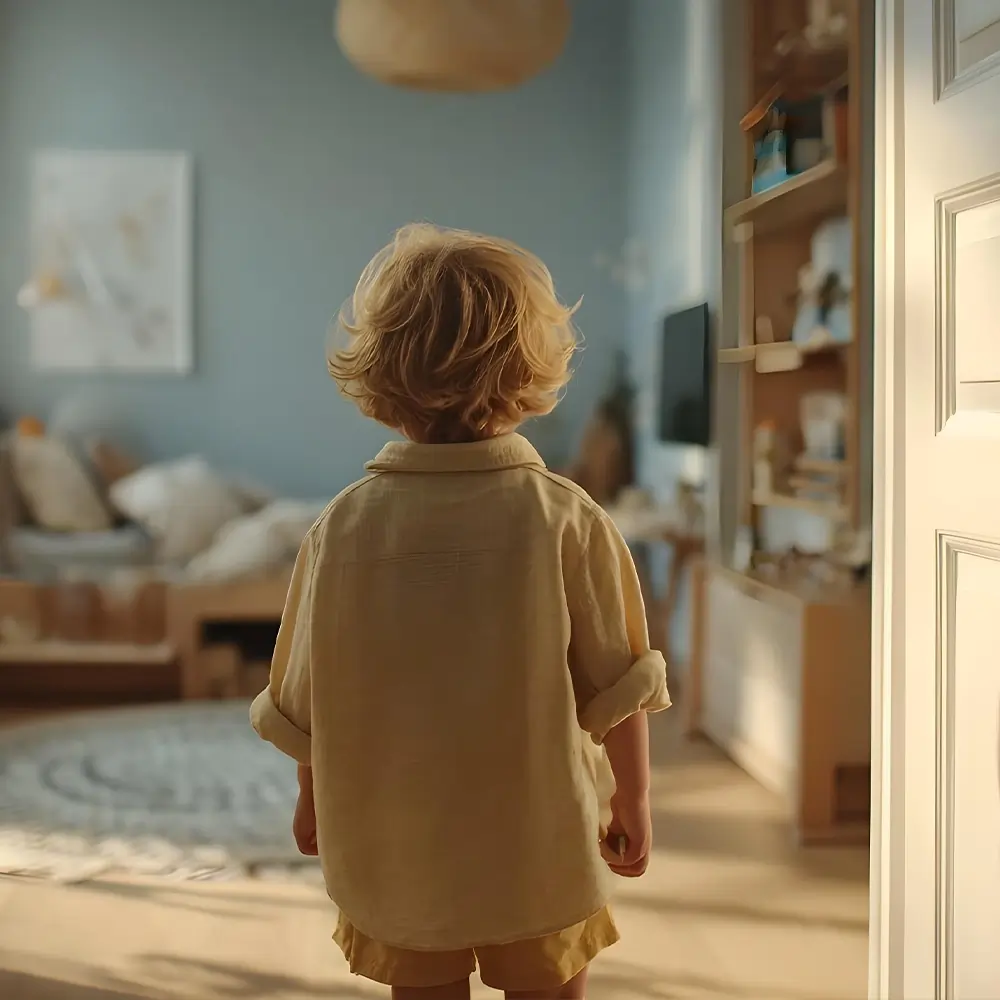 Jeune enfant entrant dans une chambre lumineuse, film immobilier augmenté à l'IA réalisé par Léon by EXI