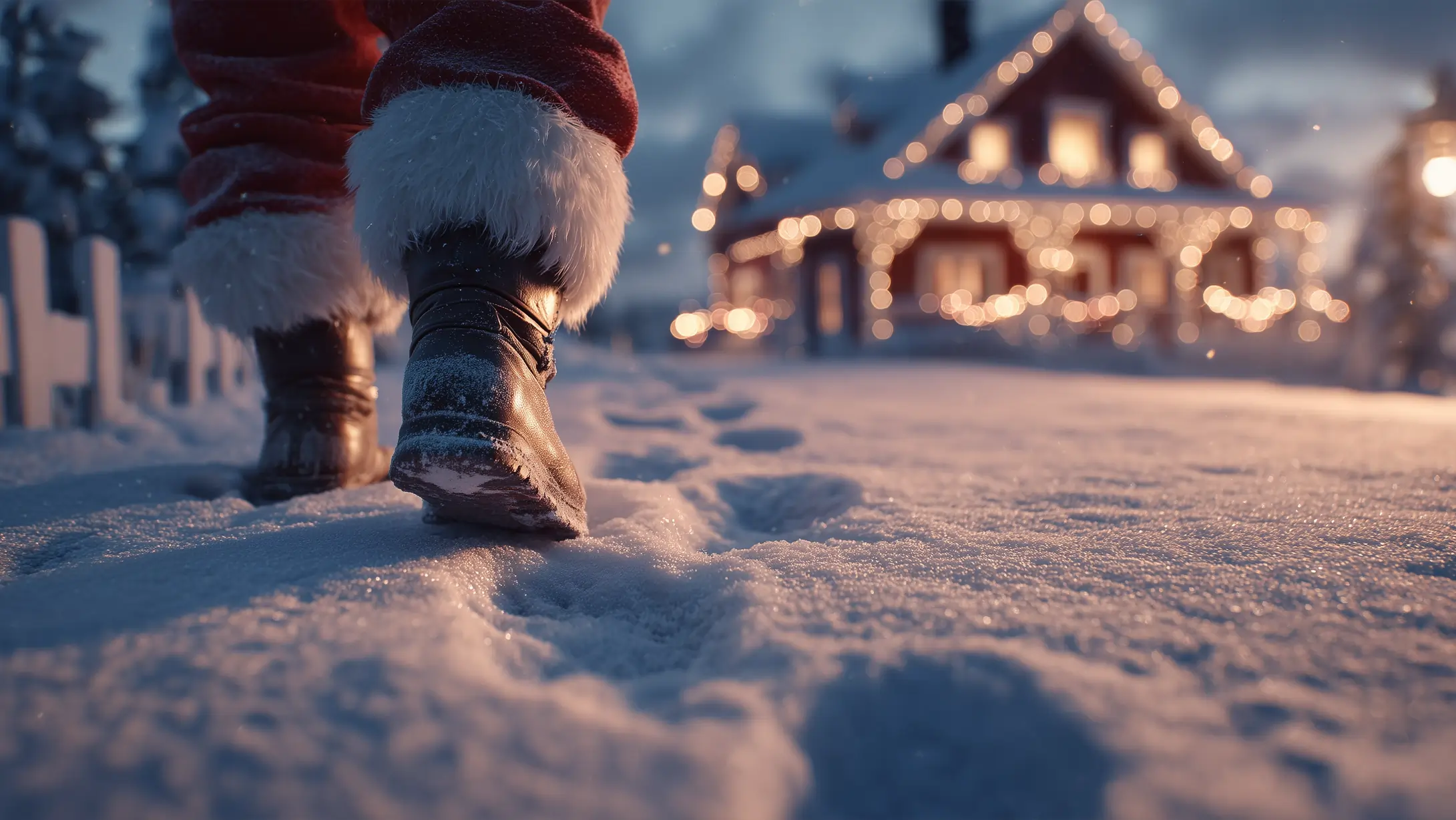 Père Noël marchant dans la neige en direction du maison