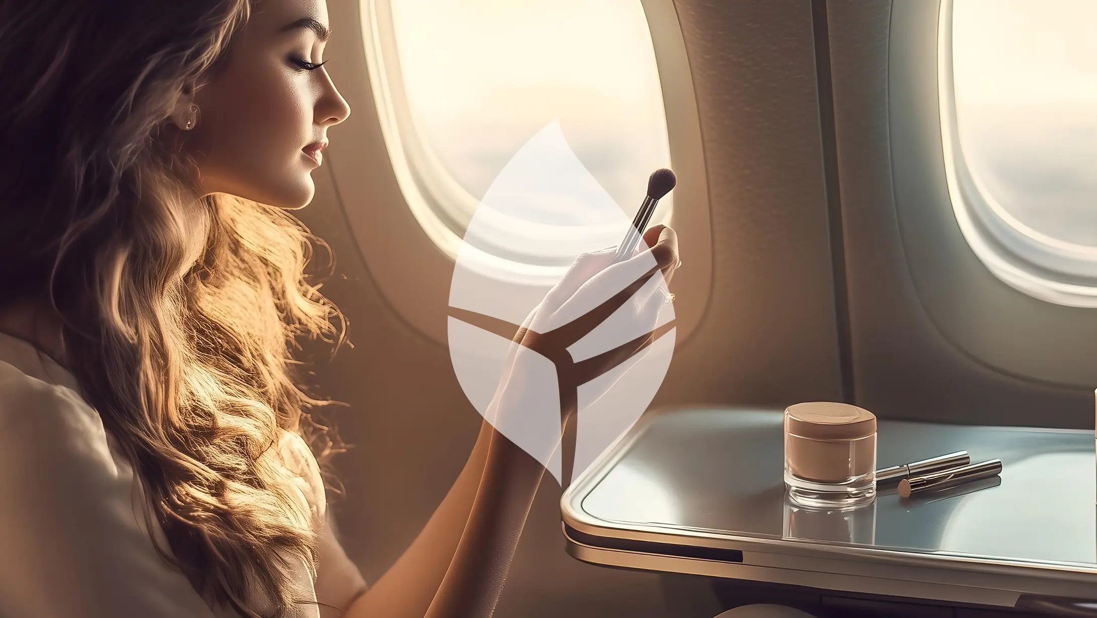 Passagère se maquillant près d'un hublot, illustration photo IA réalisée par l'agence de pub EXI.