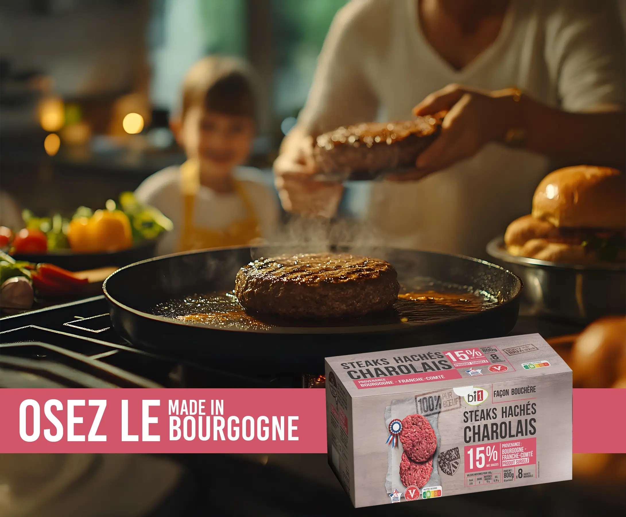 Cuisson de steaks Charolais avec le slogan 'Osez le Bourgogne', pub de l'agence de publicité EXI.