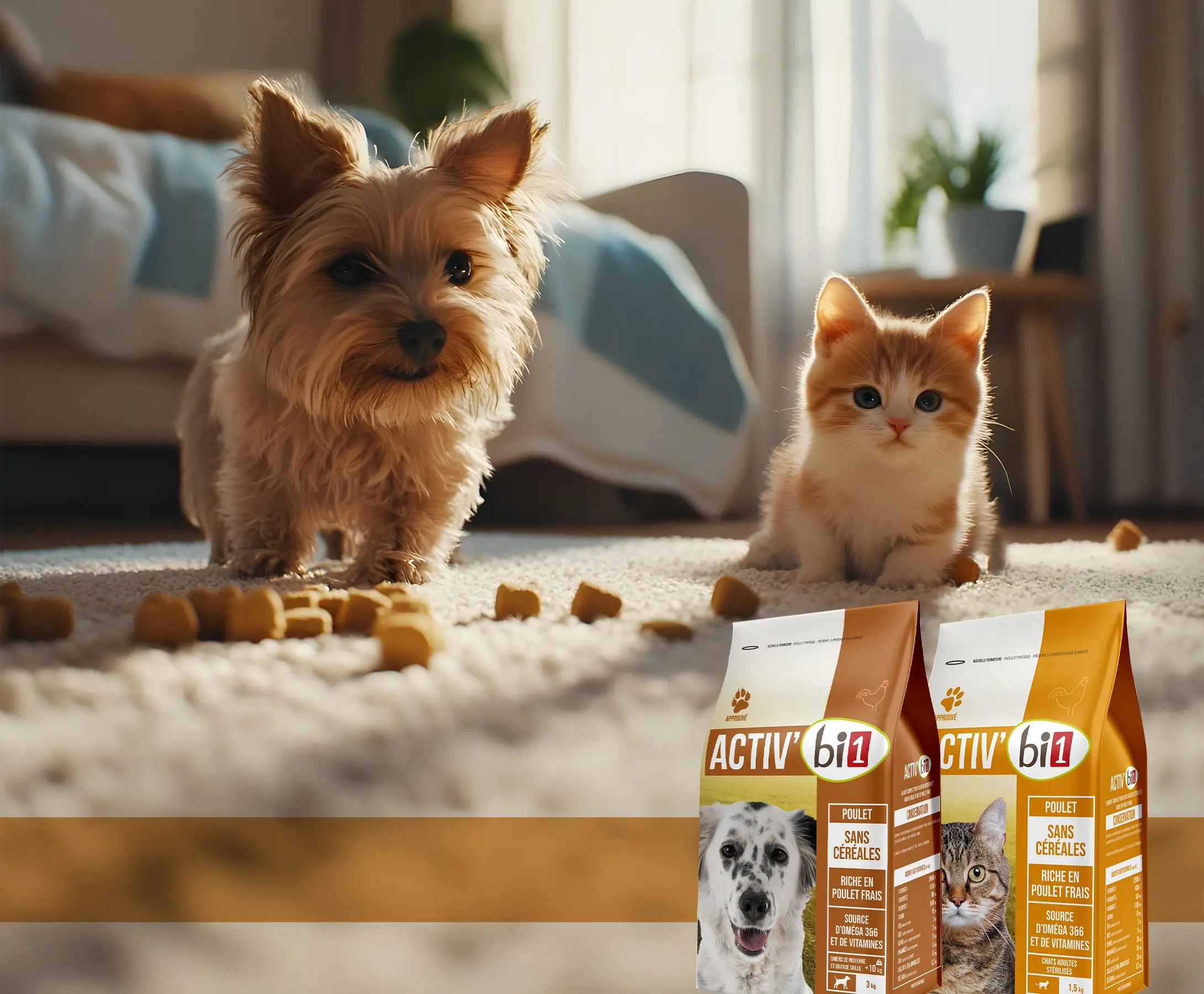 Chien et chaton posant près de sacs de croquettes Bi1, stratégie visuelle de l'agence EXI PUBLICITE.