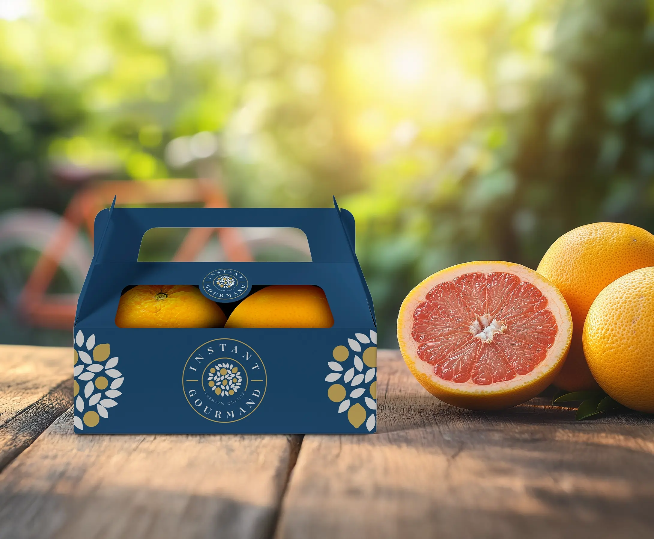 Coffret carton bleu avec oranges, packaging conçu par l'agence de pub bordelaise EXI