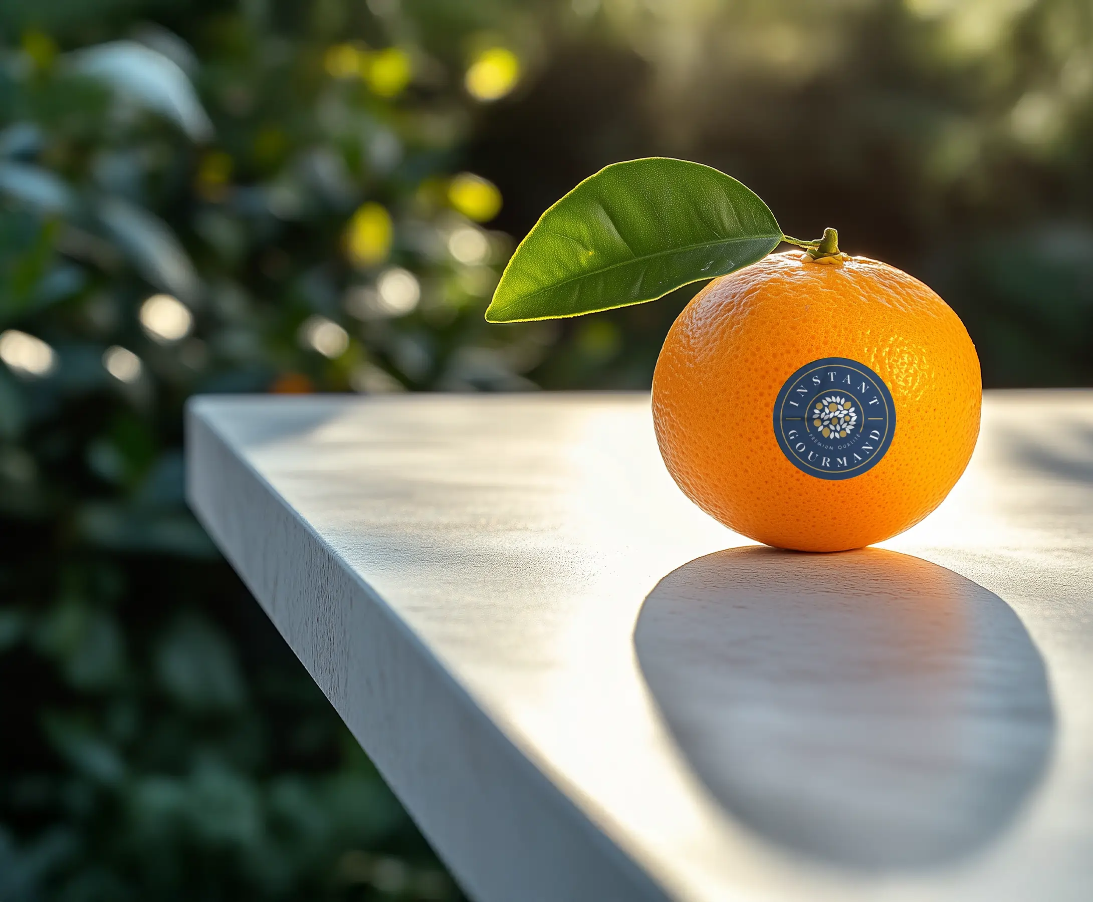 Orange fraîche avec feuille et sticker de marque, stratégie visuelle de l'agence EXI PUB.