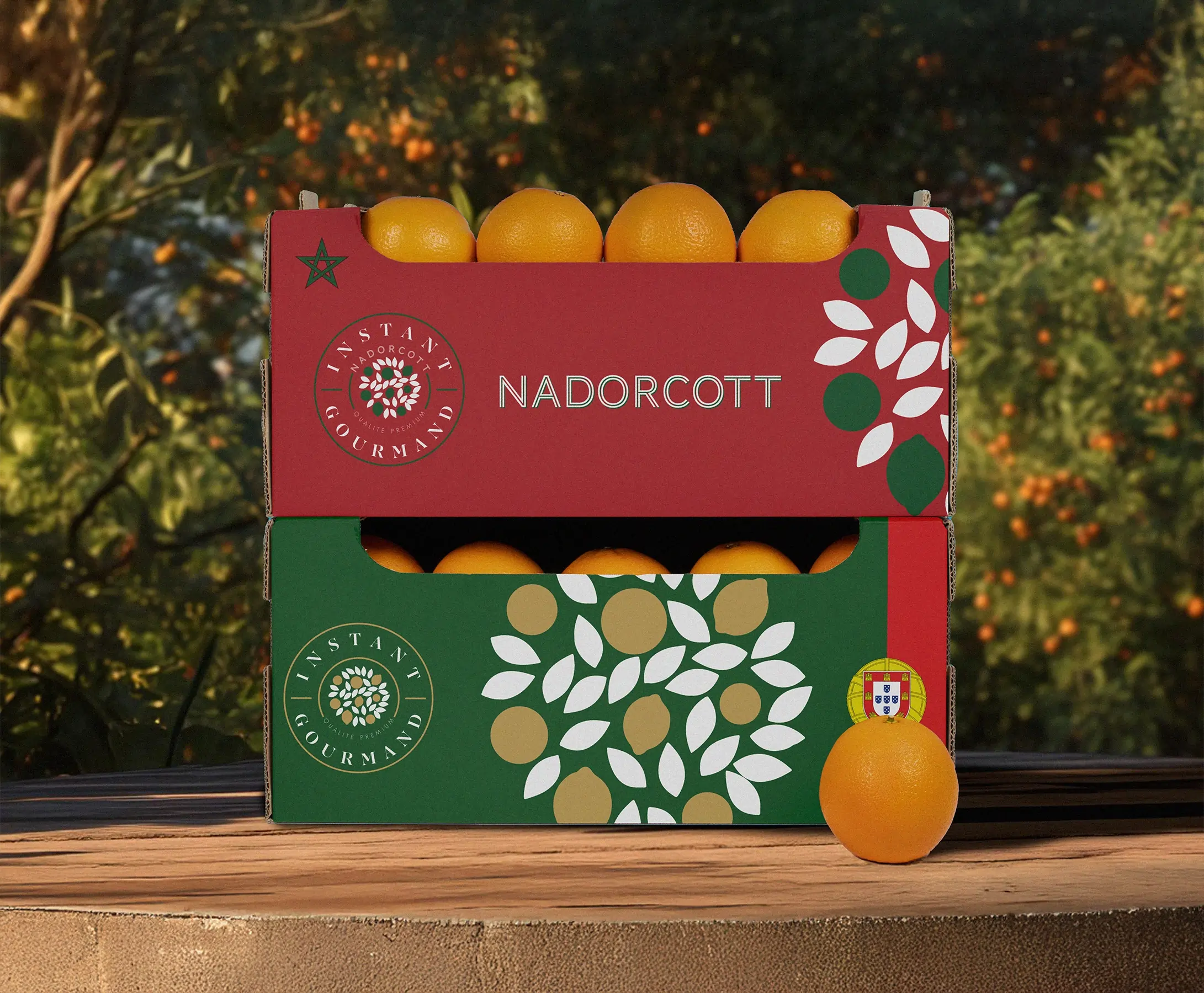 Coffrets Nadorcott au design graphique, résultat livré par l'agence bordelaise EXI PUB."