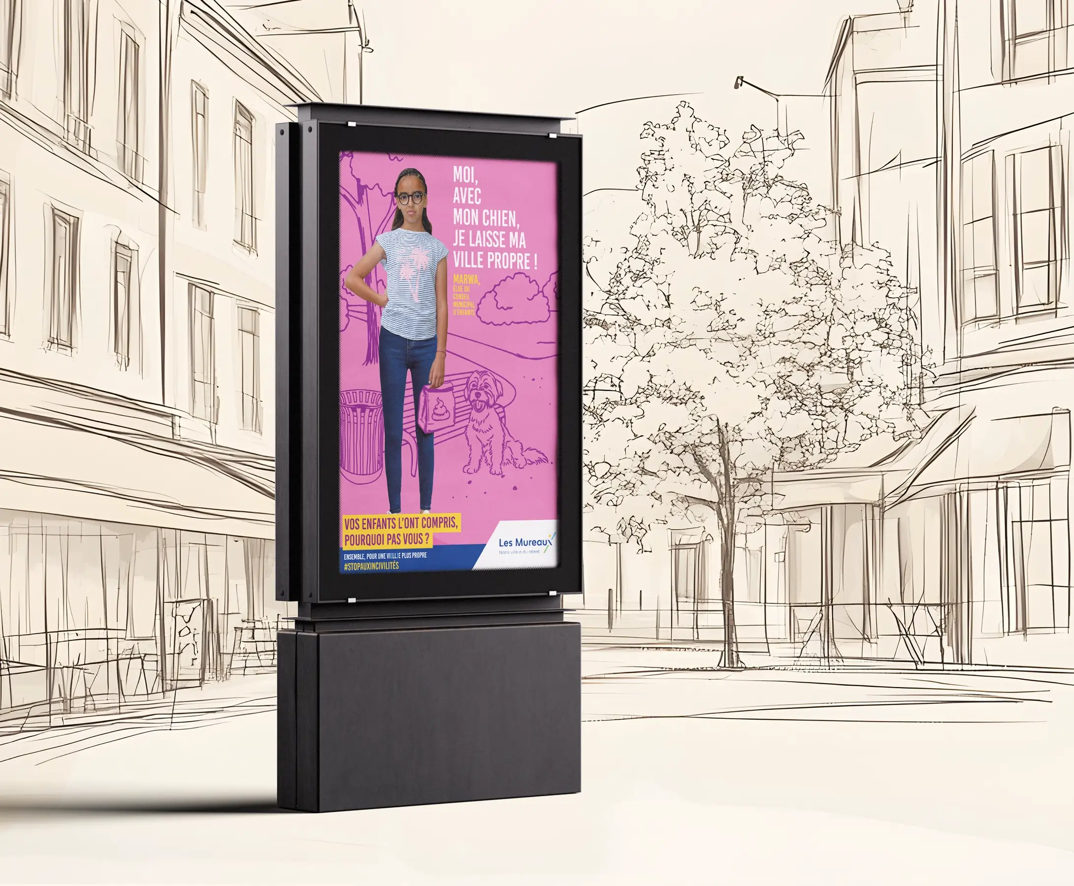 Panneau publicitaire dans une rue dessinée, défi de visibilité pour l'agence de pub bordelaise EXI