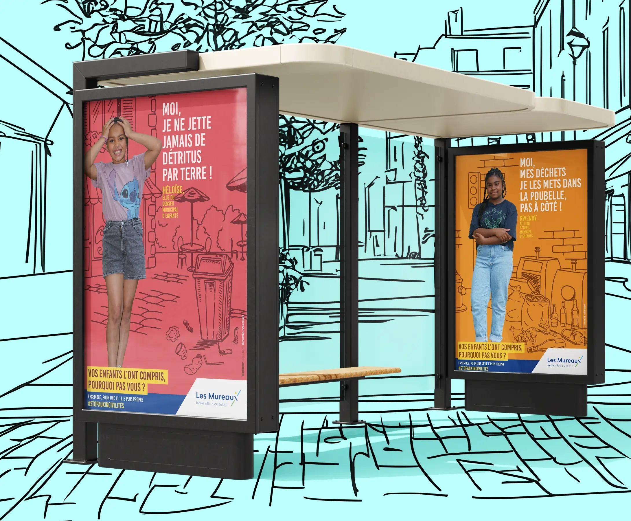 Abribus présentant la campagne colorée dans une rue esquissée, stratégie d'affichage par l'agence EXI PUB.