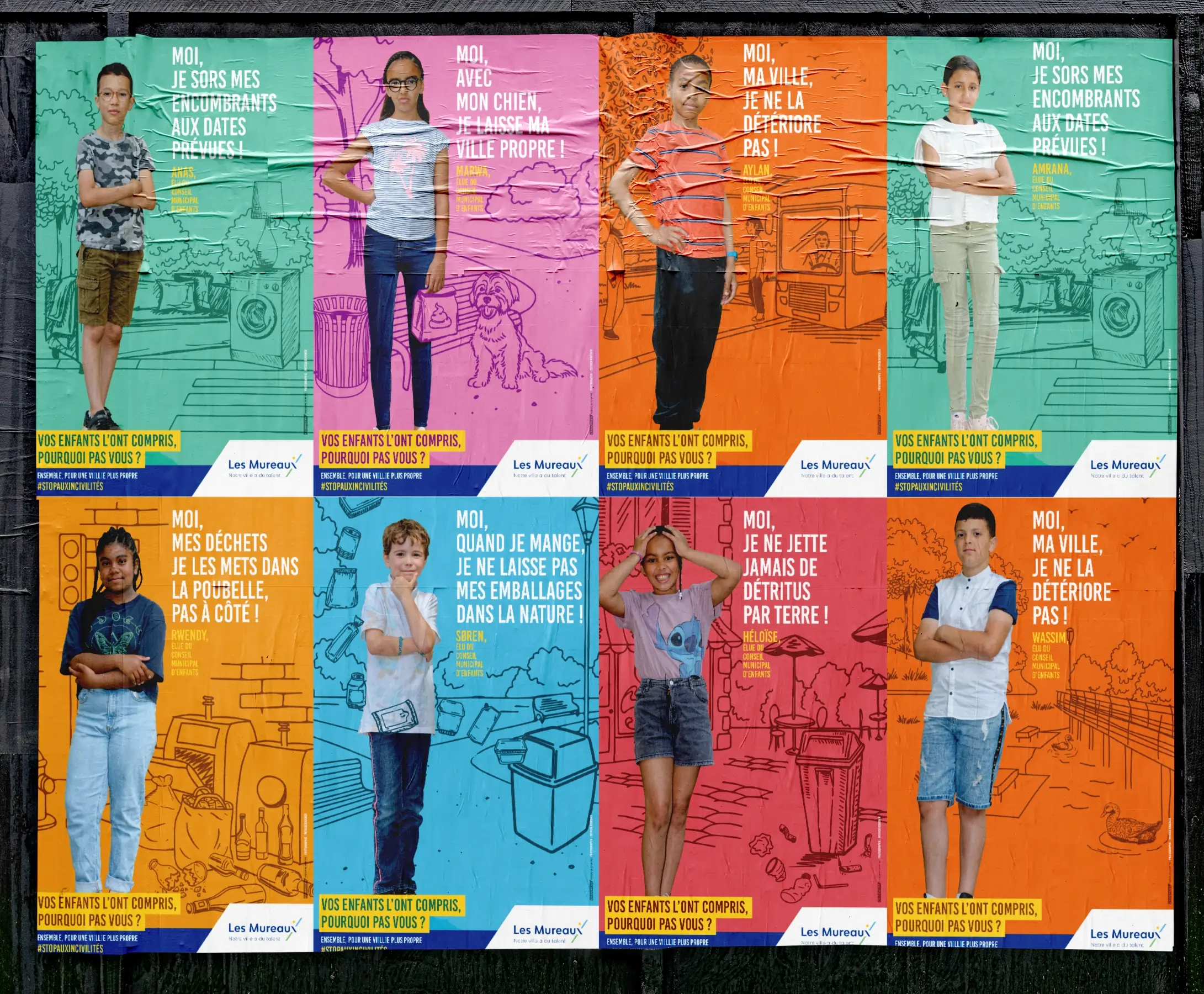 Mosaïque d'affiches colorées mettant en scène la jeunesse des Mureaux, design par l'agence EXI PUBLICITE."